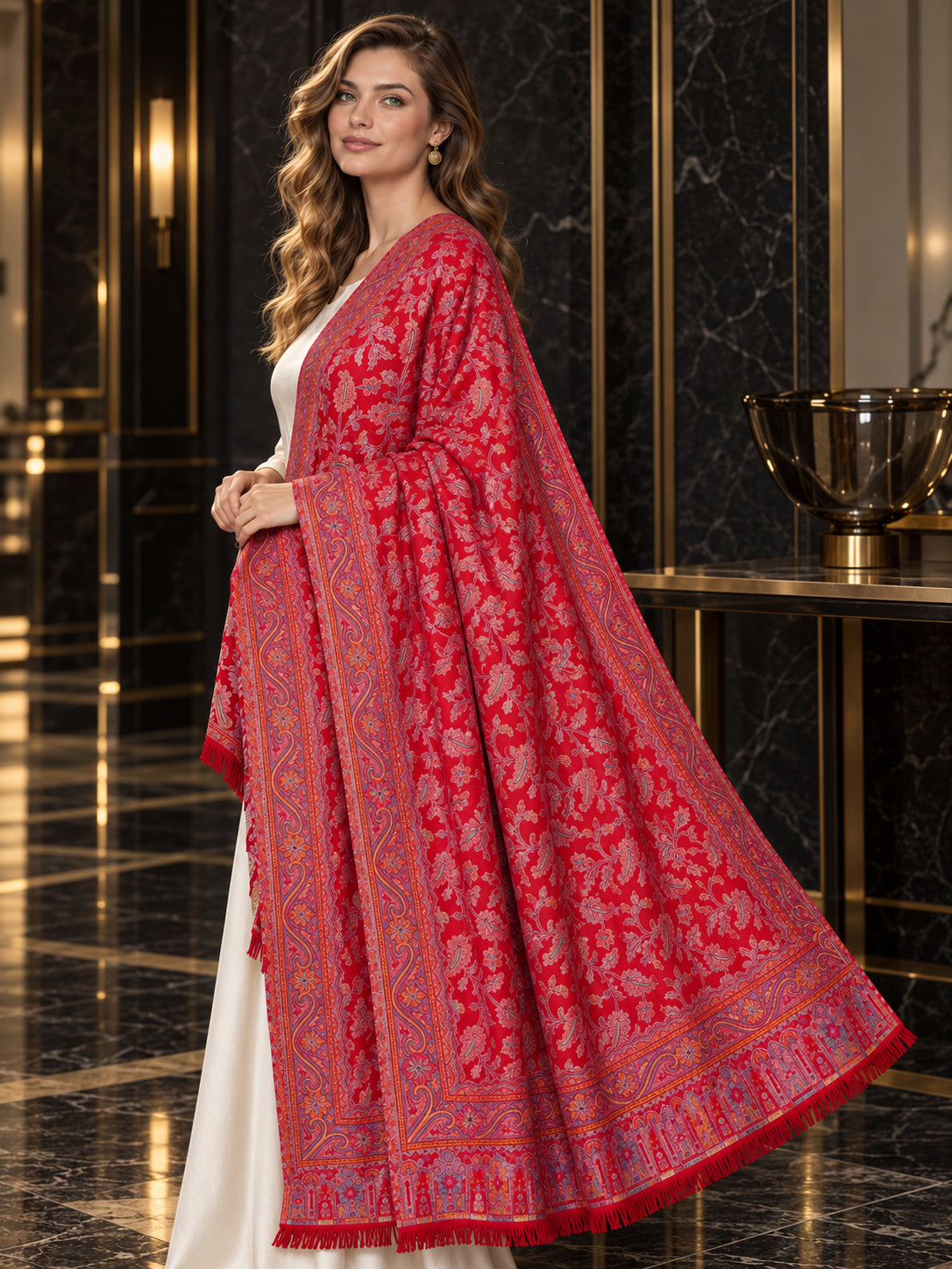 RED Kani shawl — luxury model styling 5 with detailed floral weave and paisley borders | WV-401-RED-5