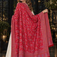 RED Kani shawl — luxury model styling 6 with detailed floral weave and paisley borders | WV-401-RED-6