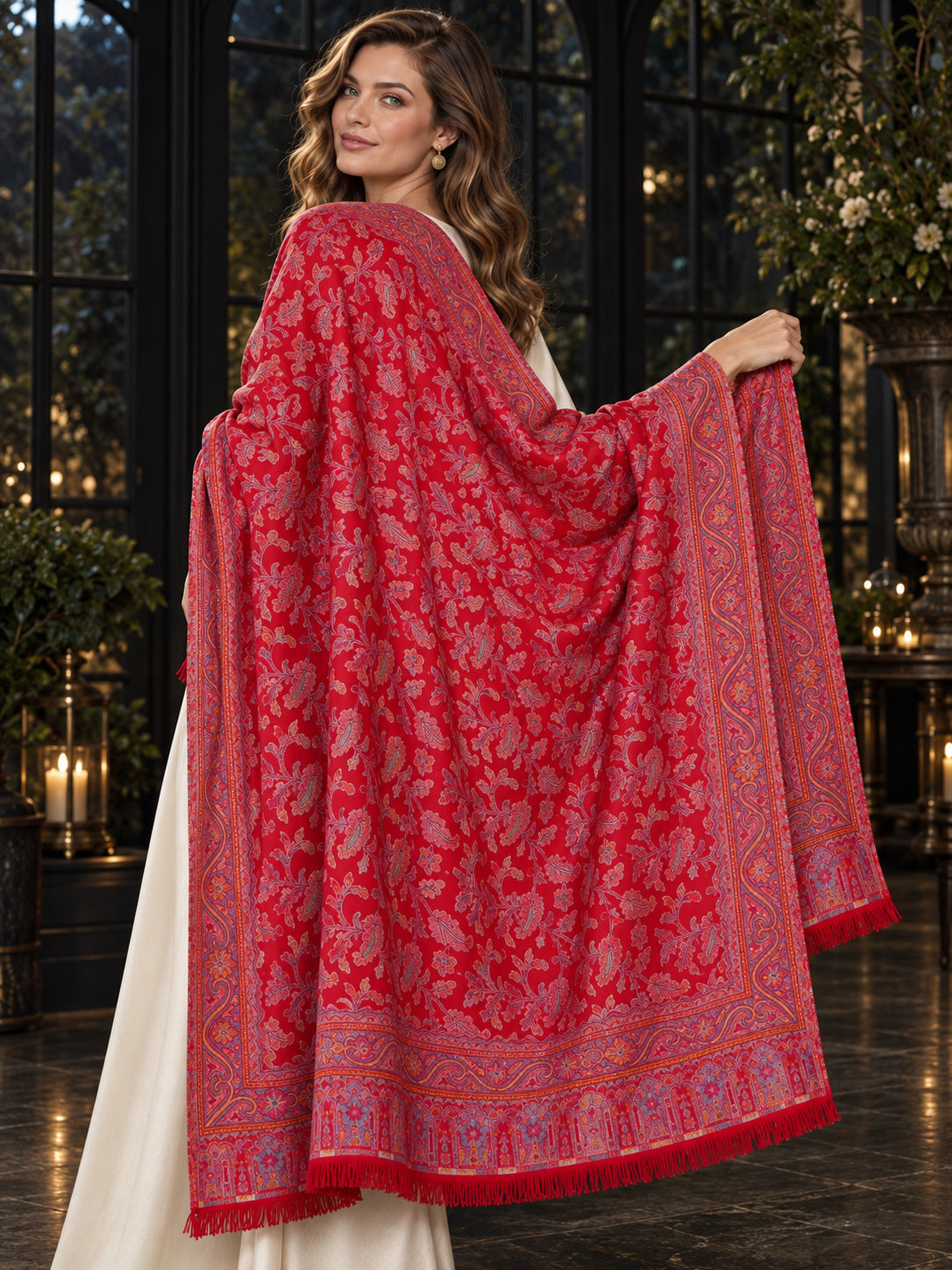 RED Kani shawl — luxury model styling 6 with detailed floral weave and paisley borders | WV-401-RED-6