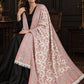 WHITE Kani shawl — luxury model styling 1 with detailed floral weave and paisley borders | WV-401-WHITE-1