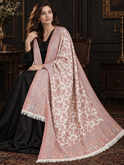 WHITE Kani shawl — luxury model styling 1 with detailed floral weave and paisley borders | WV-401-WHITE-1