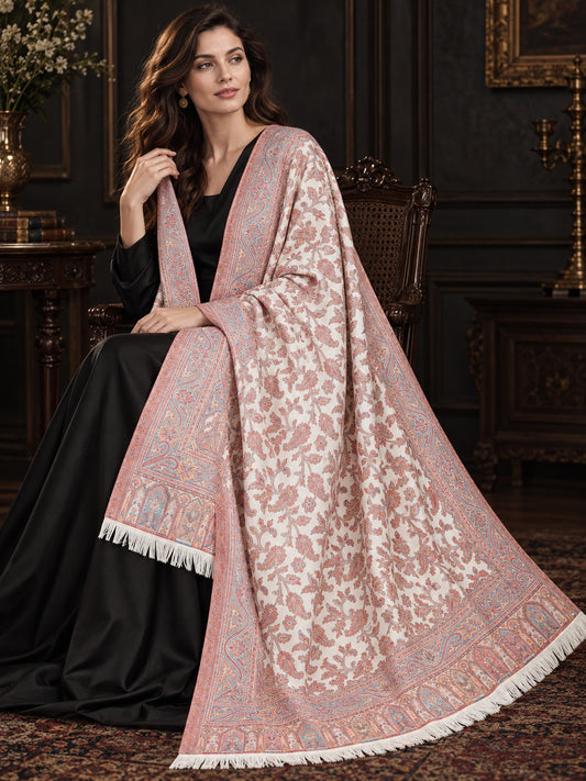 WHITE Kani shawl — luxury model styling 1 with detailed floral weave and paisley borders | WV-401-WHITE-1