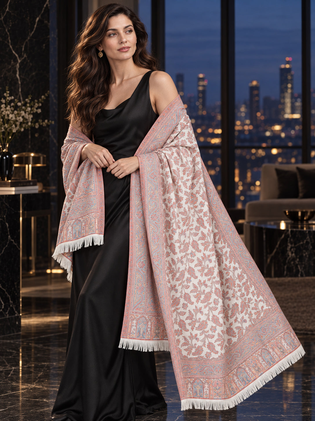 WHITE Kani shawl — luxury model styling 2 with detailed floral weave and paisley borders | WV-401-WHITE-2
