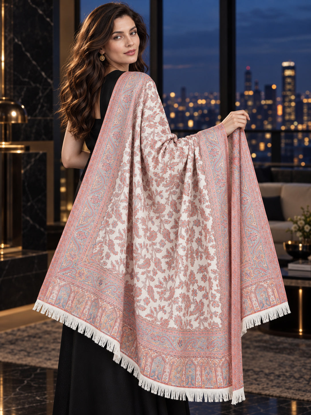 WHITE Kani shawl — luxury model styling 3 with detailed floral weave and paisley borders | WV-401-WHITE-3