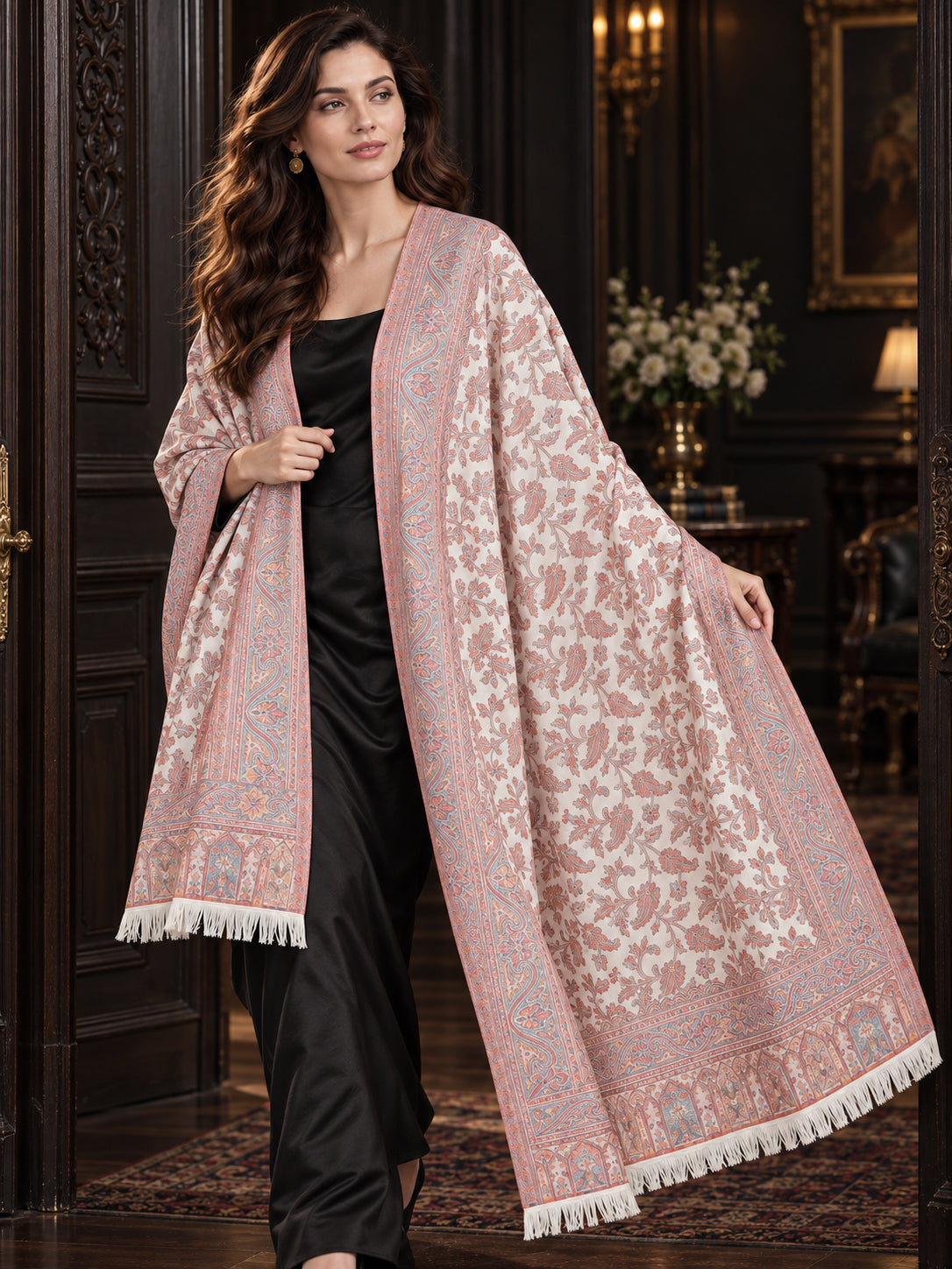 WHITE Kani shawl — luxury model styling 4 with detailed floral weave and paisley borders | WV-401-WHITE-4