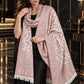 WHITE Kani shawl — luxury model styling 5 with detailed floral weave and paisley borders | WV-401-WHITE-5