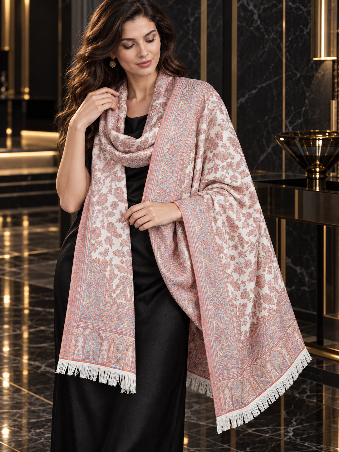 WHITE Kani shawl — luxury model styling 5 with detailed floral weave and paisley borders | WV-401-WHITE-5