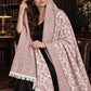WHITE Kani shawl — luxury model styling 6 with detailed floral weave and paisley borders | WV-401-WHITE-6