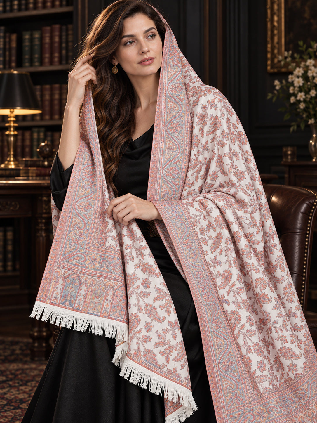 WHITE Kani shawl — luxury model styling 6 with detailed floral weave and paisley borders | WV-401-WHITE-6