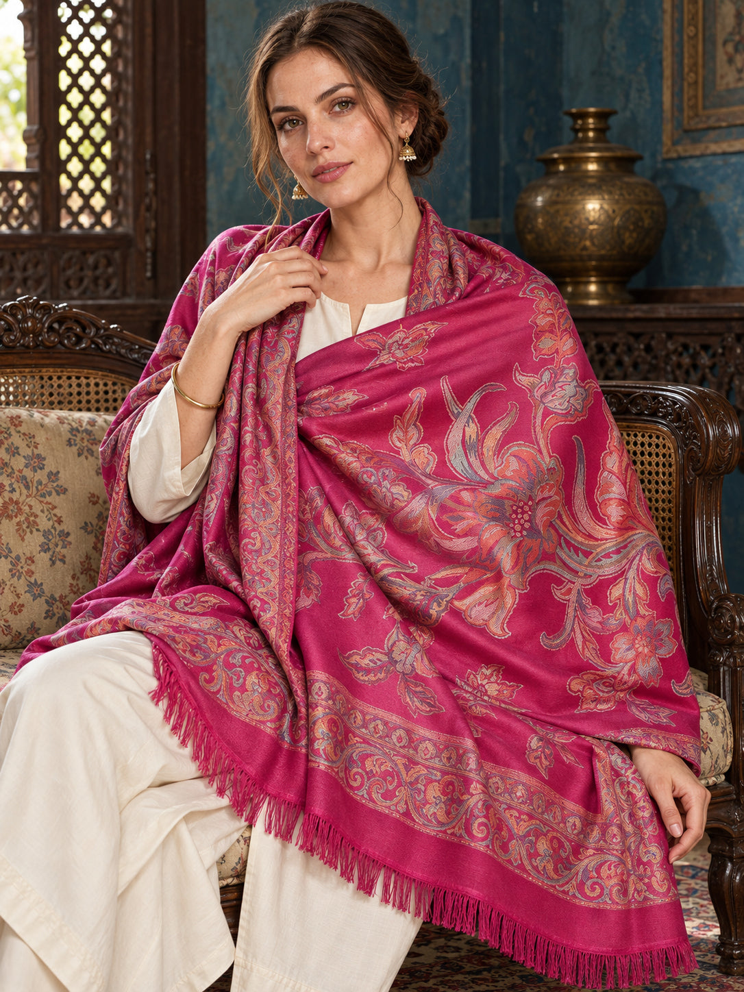 Pink floral shawl — seated heritage drape in a luxurious ethnic setting | WV-404-RANI-1
