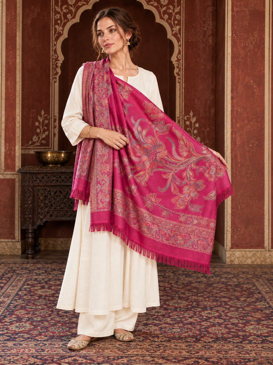 Pink floral shawl — standing one-shoulder display in a luxurious ethnic setting | WV-404-RANI-2