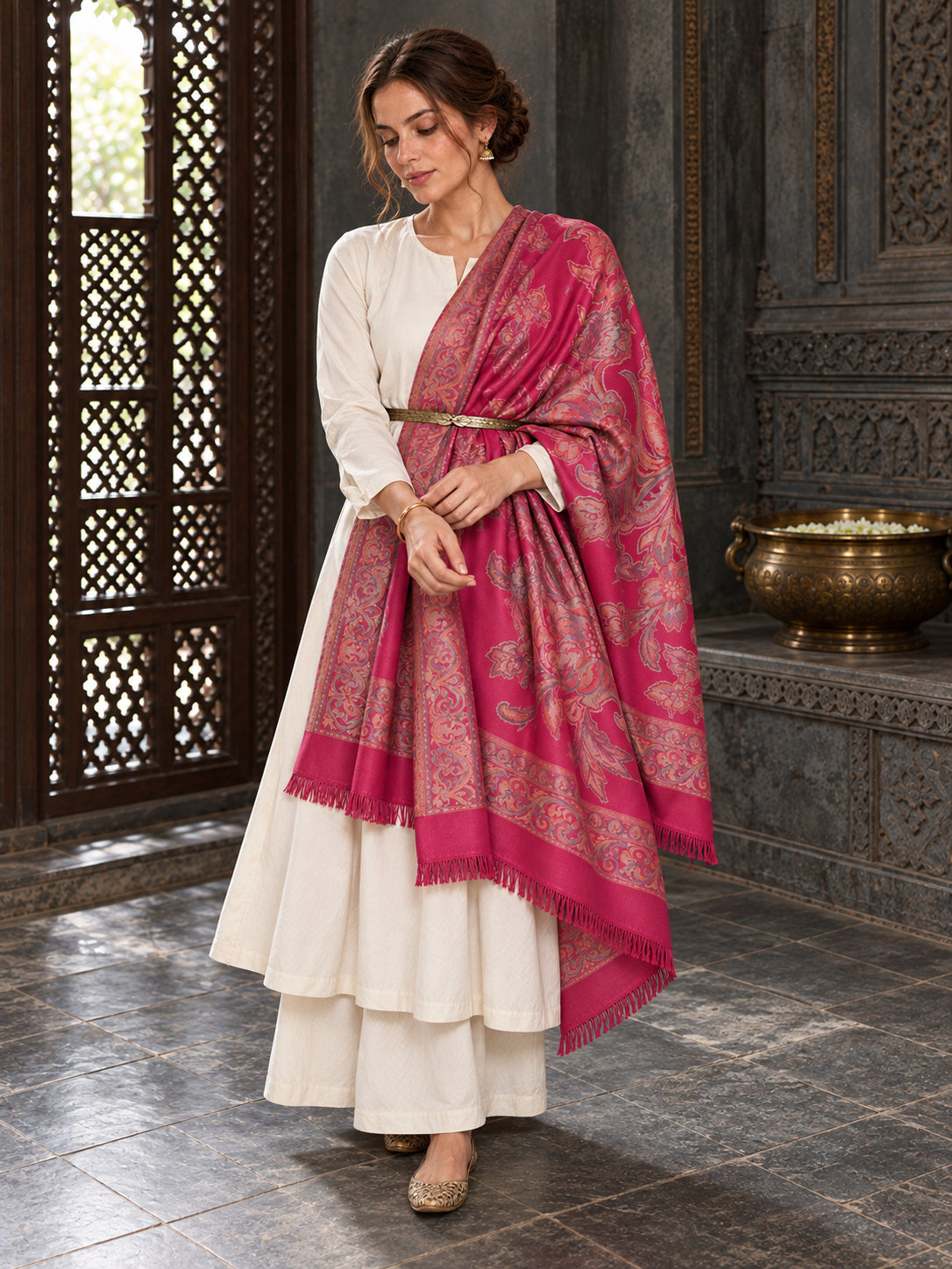 Pink floral shawl — belted ethnic wrap in a luxurious ethnic setting | WV-404-RANI-3