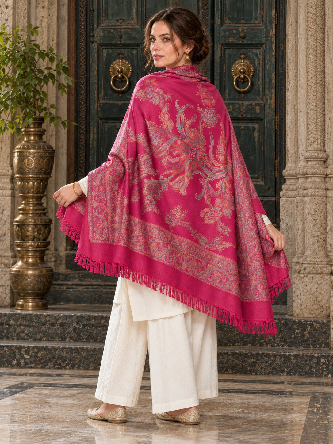 Pink floral shawl — three-quarter back drape in a luxurious ethnic setting | WV-404-RANI-4
