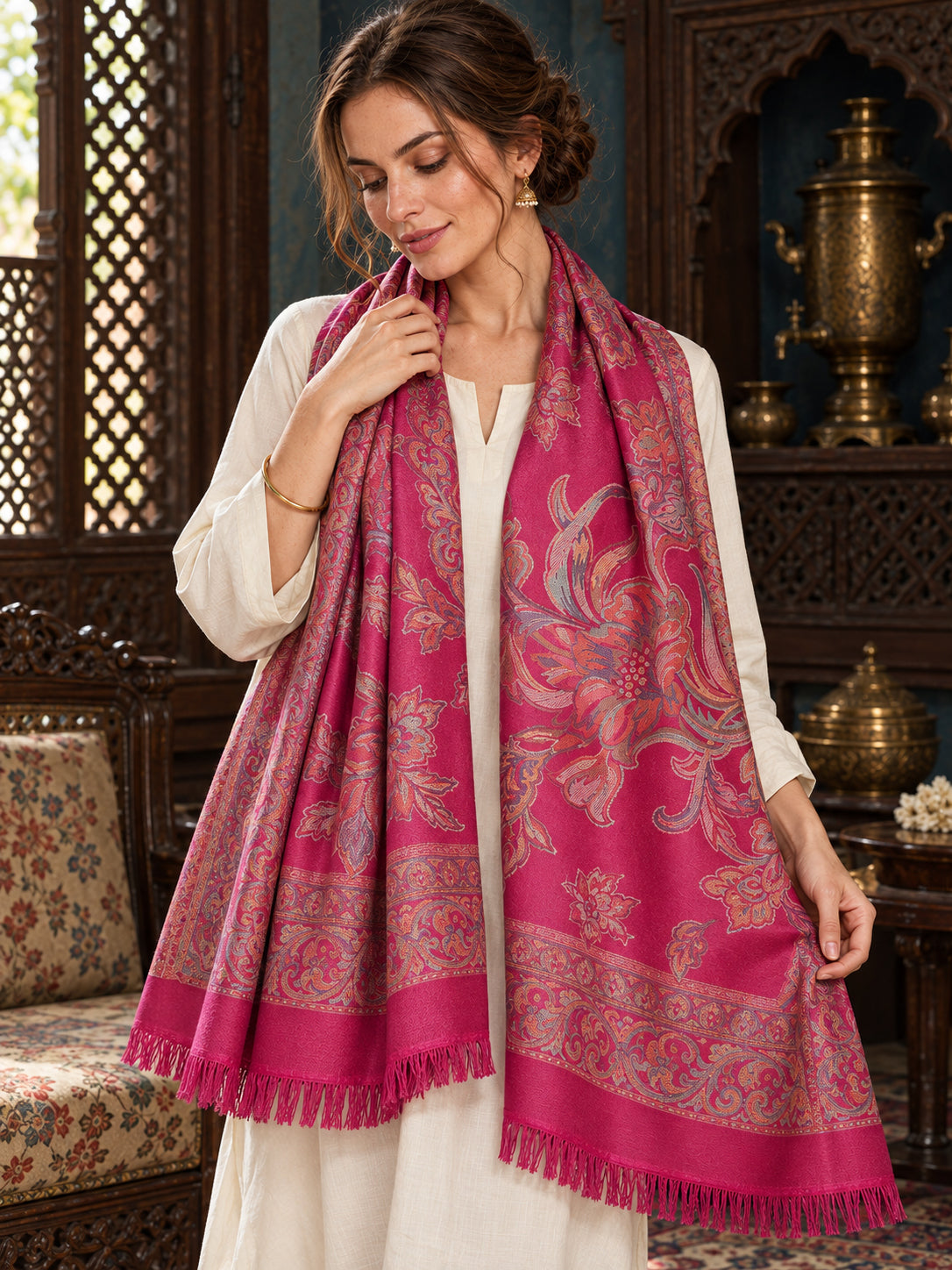 Pink floral shawl — loose long-stole styling in a luxurious ethnic setting | WV-404-RANI-5