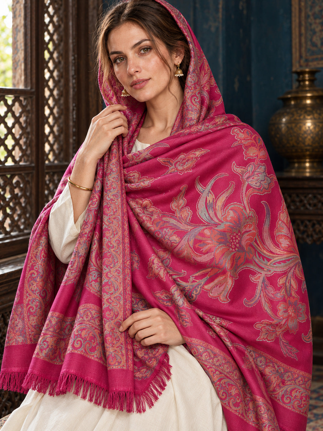 Pink floral shawl — close-up hood wrap in a luxurious ethnic setting | WV-404-RANI-6