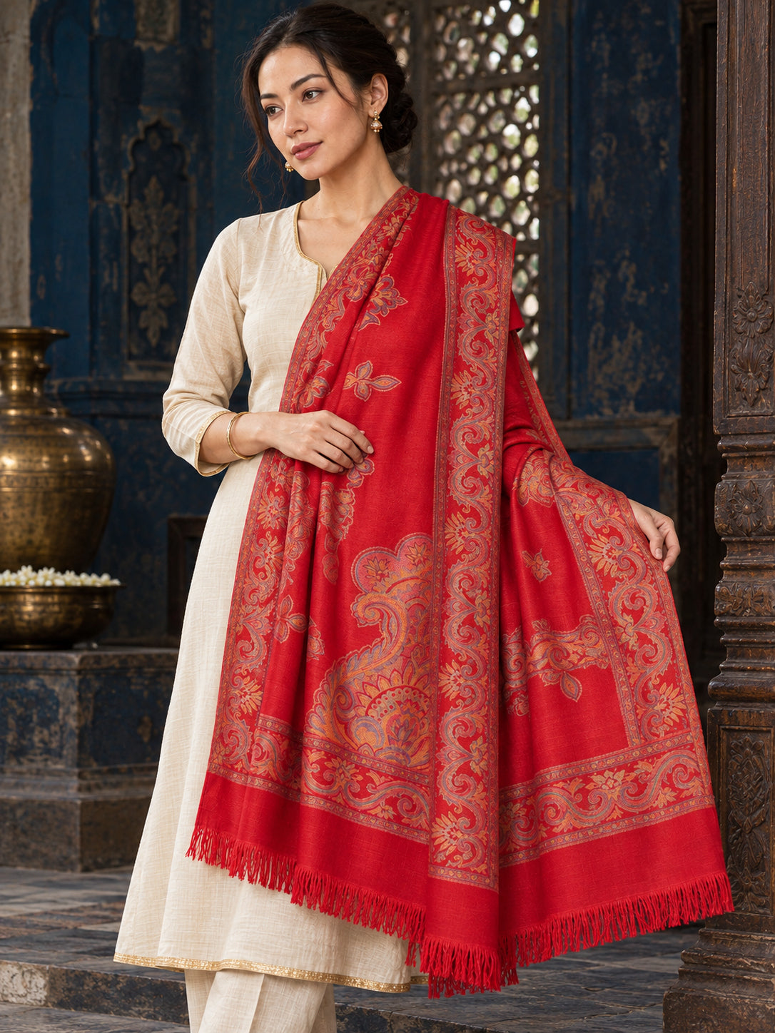 Red floral shawl — standing one-shoulder display in a luxurious ethnic setting | WV-404-RED-2