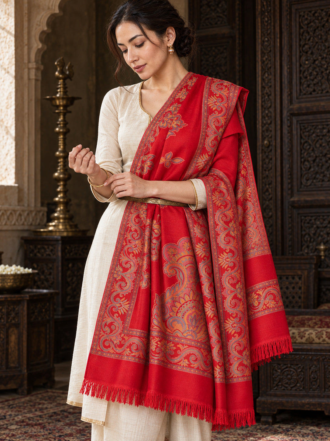 Red floral shawl — belted ethnic wrap in a luxurious ethnic setting | WV-404-RED-3