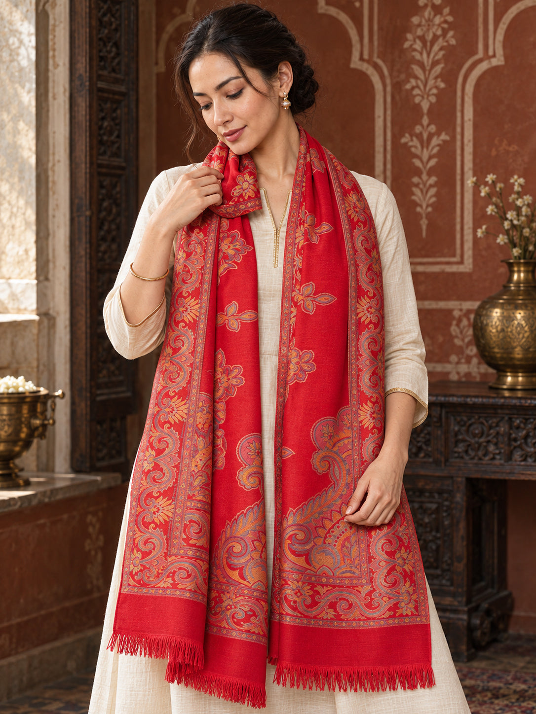 Red floral shawl — loose long-stole styling in a luxurious ethnic setting | WV-404-RED-5