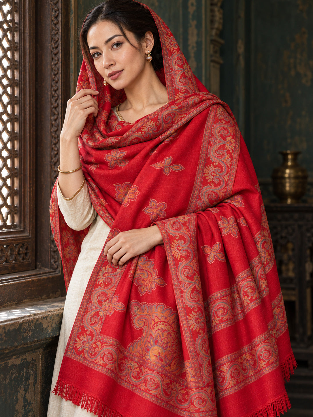 Red floral shawl — close-up hood wrap in a luxurious ethnic setting | WV-404-RED-6