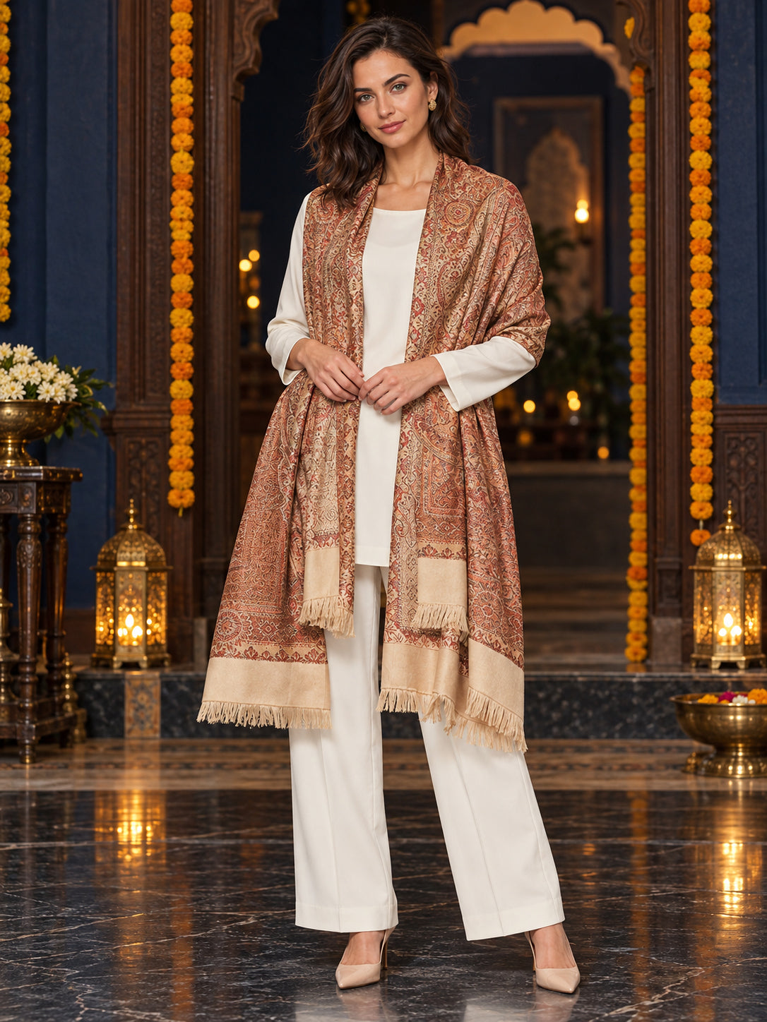 Beige paisley woven shawl styled on a model in a luxurious festive palace setting — long stole