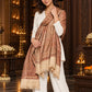 Beige paisley woven shawl styled on a model in a luxurious festive palace setting — single-shoulder styling