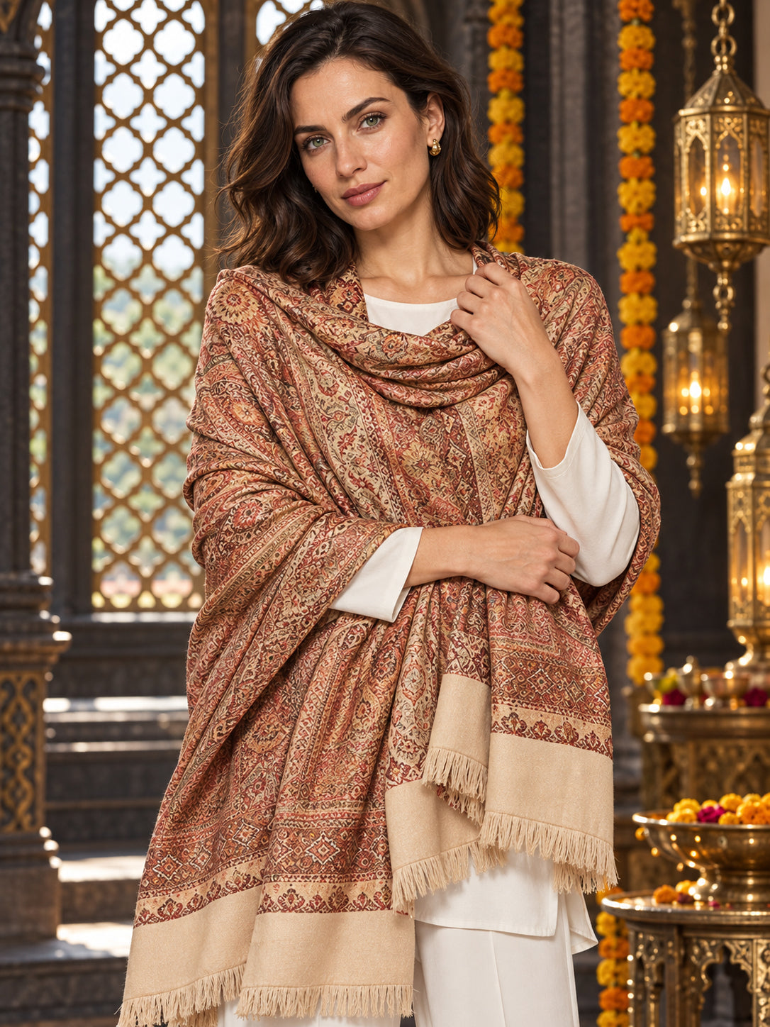 Beige paisley woven shawl styled on a model in a luxurious festive palace setting — detailed shoulder wrap