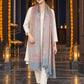 Grey paisley woven shawl styled on a model in a luxurious festive palace setting — long stole