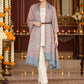 Grey paisley woven shawl styled on a model in a luxurious festive palace setting — belted wrap