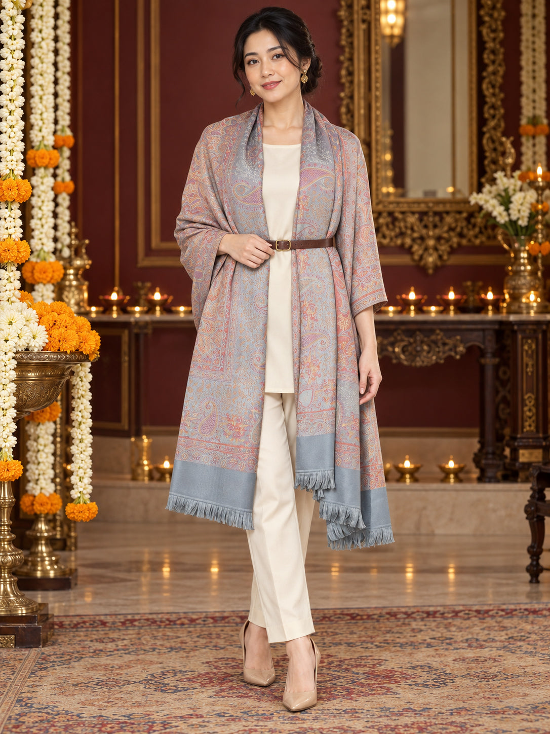 Grey paisley woven shawl styled on a model in a luxurious festive palace setting — belted wrap