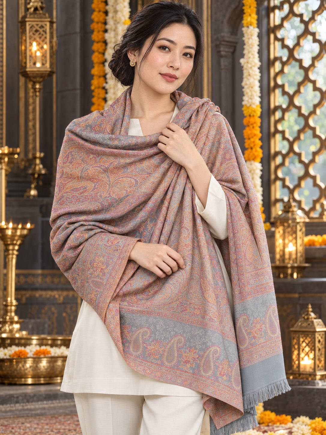 Grey paisley woven shawl styled on a model in a luxurious festive palace setting — detailed shoulder wrap