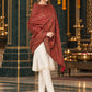 Maroon paisley woven shawl styled on a model in a luxurious festive palace setting — standing showcase