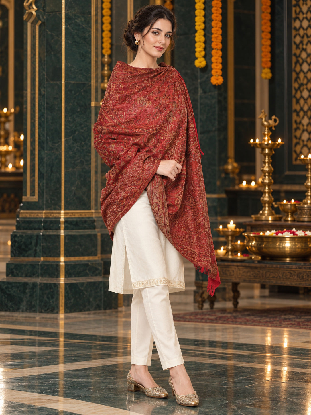 Maroon paisley woven shawl styled on a model in a luxurious festive palace setting — standing showcase