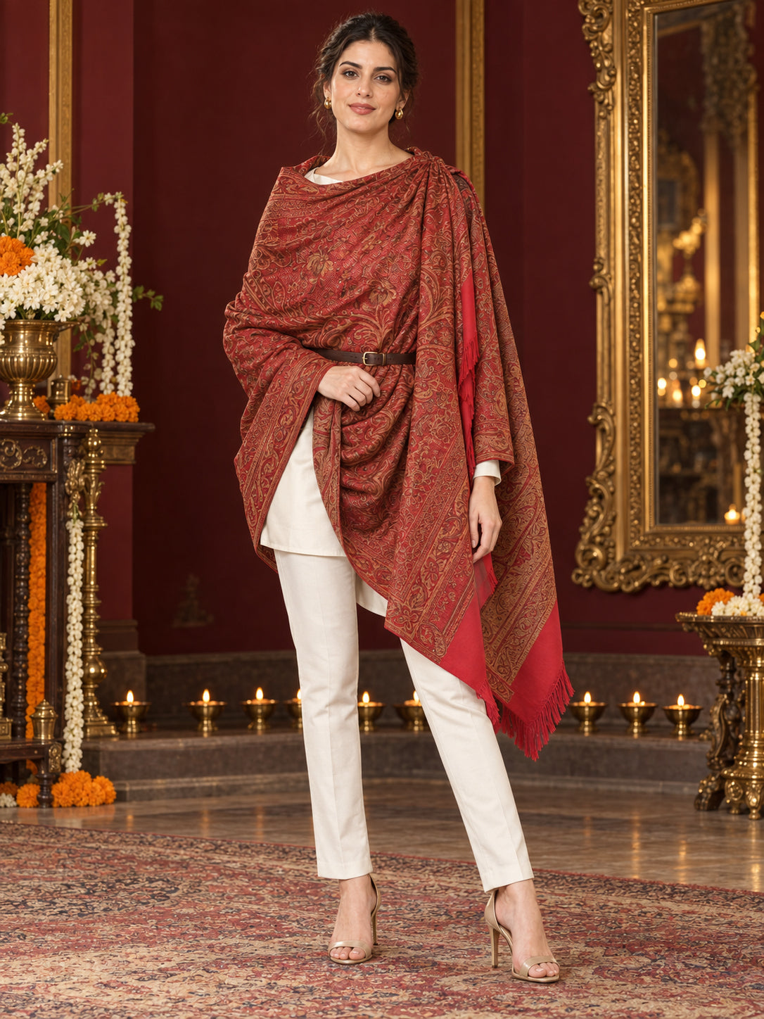 Maroon paisley woven shawl styled on a model in a luxurious festive palace setting — belted wrap