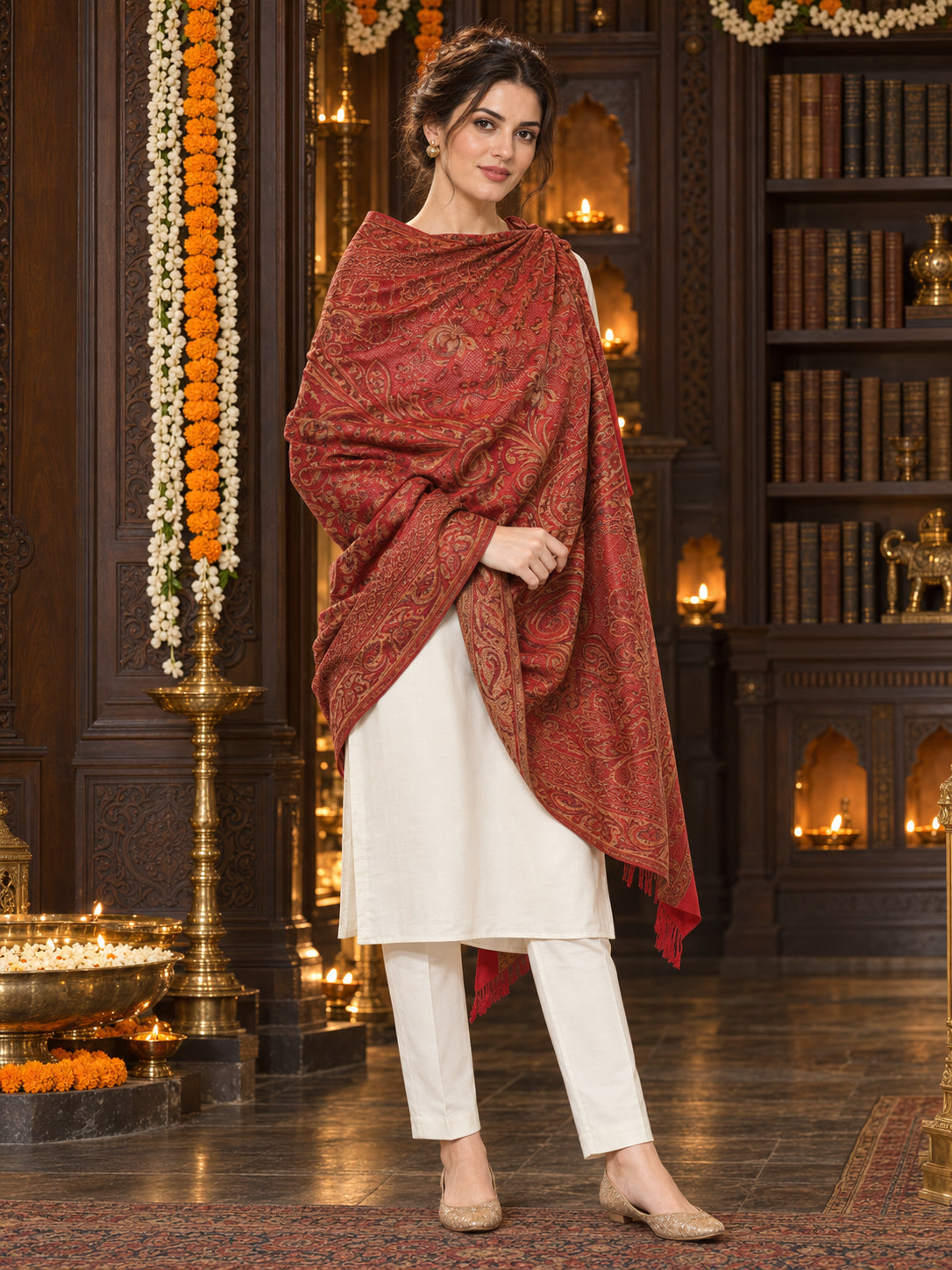 Maroon paisley woven shawl styled on a model in a luxurious festive palace setting — single-shoulder styling