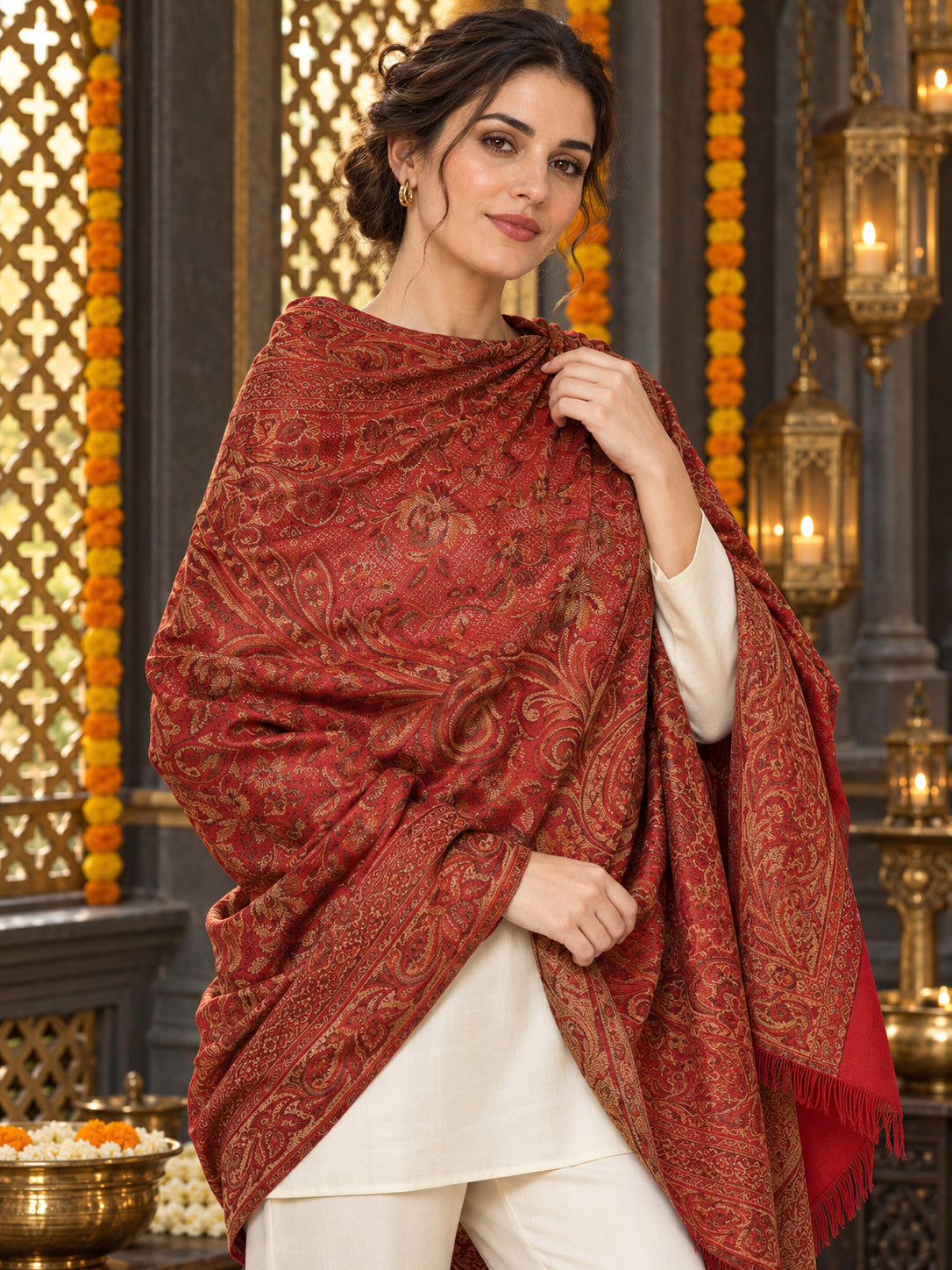 Maroon paisley woven shawl styled on a model in a luxurious festive palace setting — detailed shoulder wrap