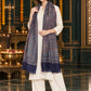 Navy Blue paisley woven shawl styled on a model in a luxurious festive palace setting — standing showcase