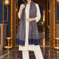 Navy Blue paisley woven shawl styled on a model in a luxurious festive palace setting — long stole
