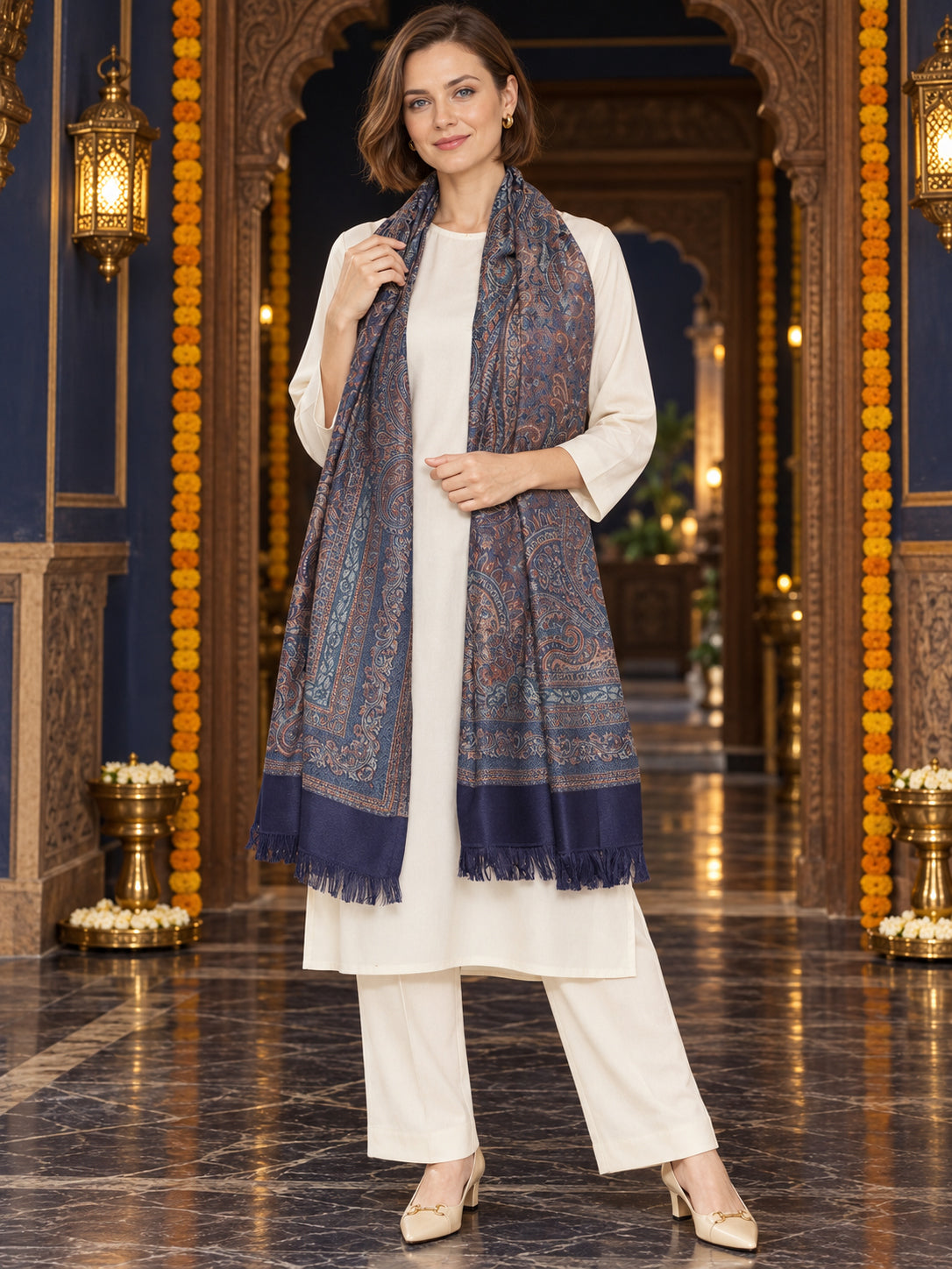 Navy Blue paisley woven shawl styled on a model in a luxurious festive palace setting — long stole