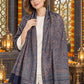 Navy Blue paisley woven shawl styled on a model in a luxurious festive palace setting — detailed shoulder wrap