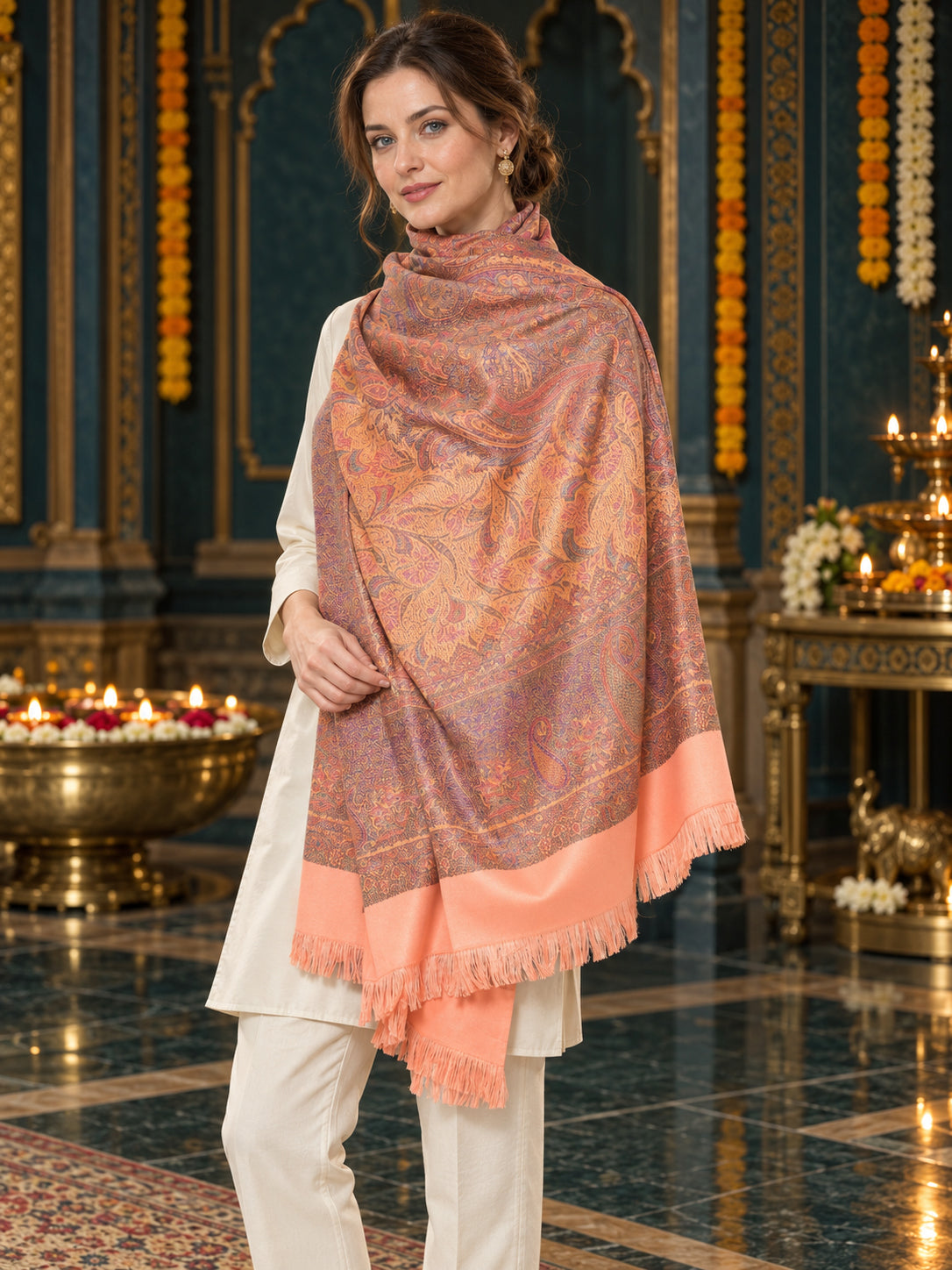 Peach paisley woven shawl styled on a model in a luxurious festive palace setting — standing showcase