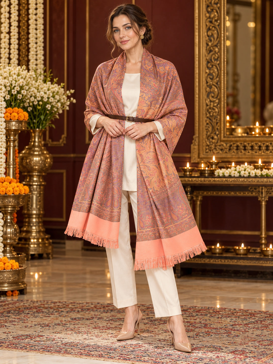 Peach paisley woven shawl styled on a model in a luxurious festive palace setting — belted wrap