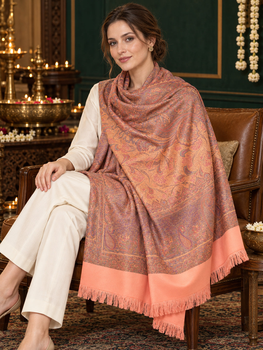 Peach paisley woven shawl styled on a model in a luxurious festive palace setting — seated salon