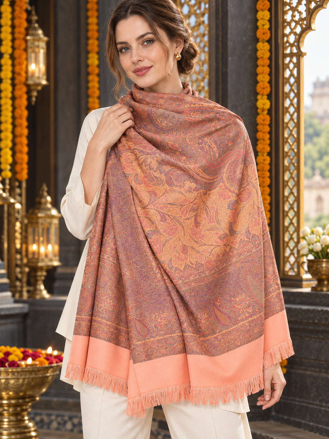 Peach paisley woven shawl styled on a model in a luxurious festive palace setting — detailed shoulder wrap