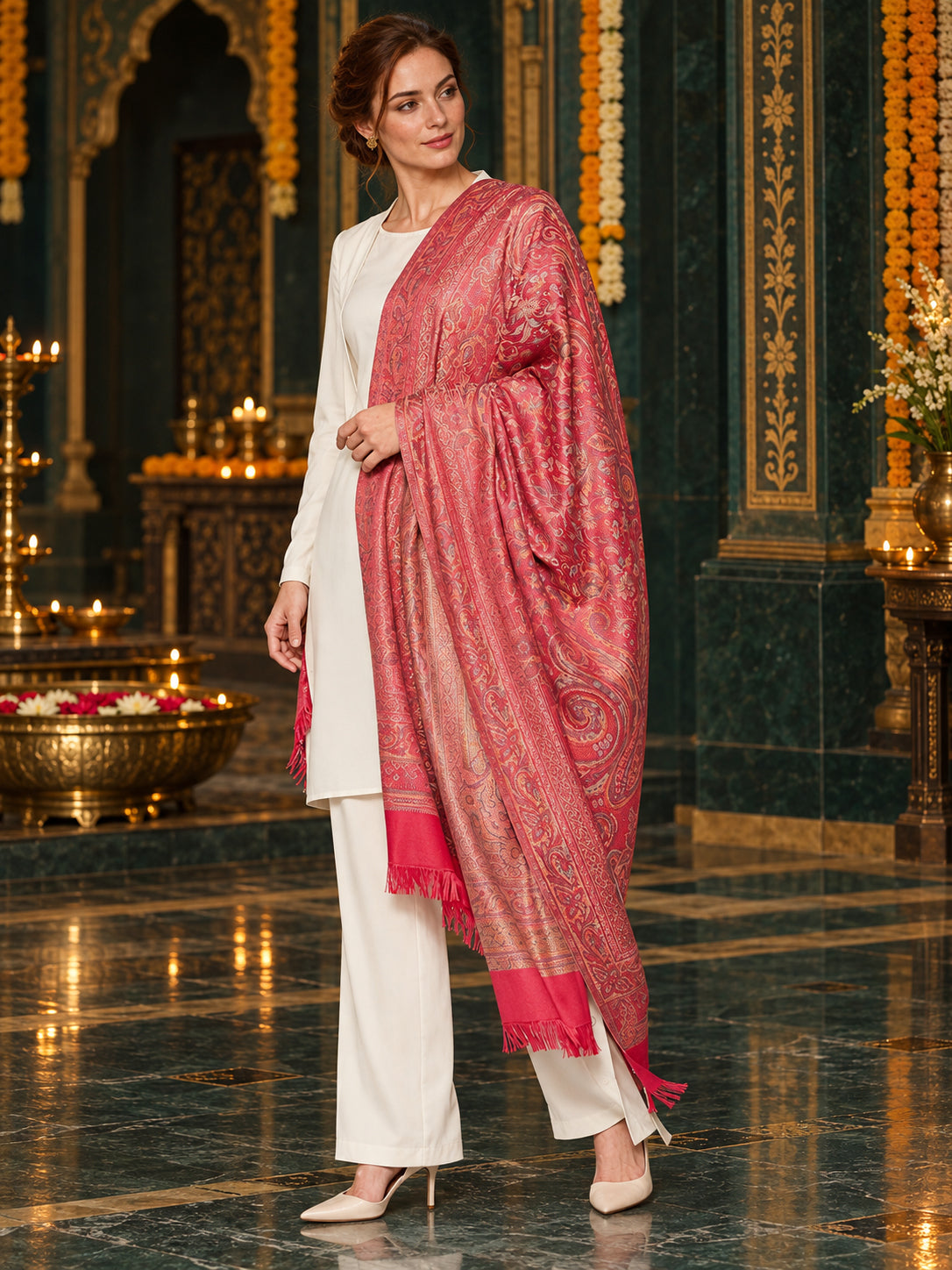 Pink paisley woven shawl styled on a model in a luxurious festive palace setting — standing showcase