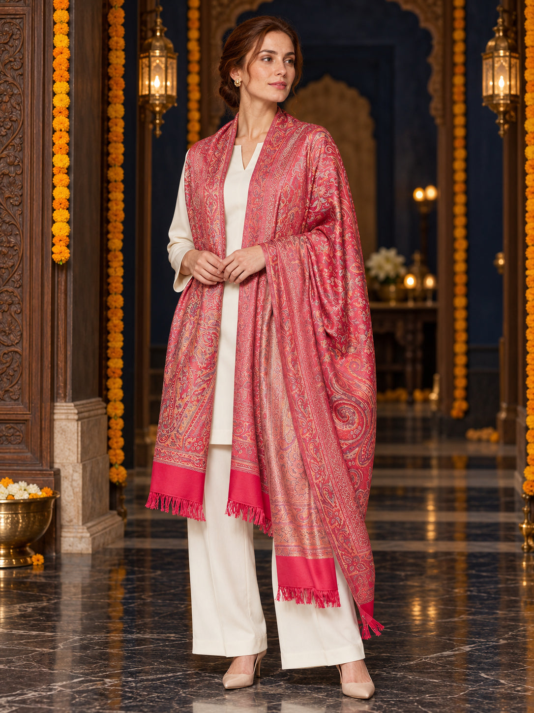 Pink paisley woven shawl styled on a model in a luxurious festive palace setting — long stole