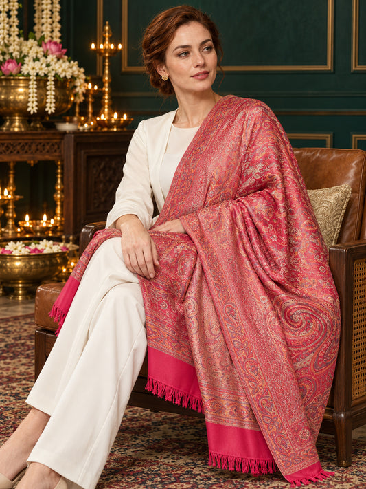 Pink paisley woven shawl styled on a model in a luxurious festive palace setting — seated salon