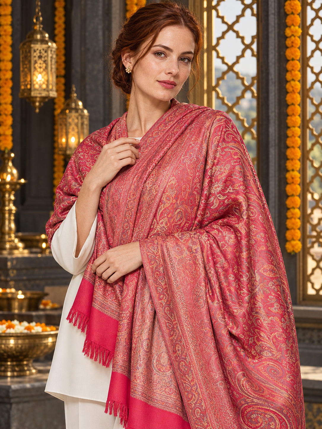 Pink paisley woven shawl styled on a model in a luxurious festive palace setting — detailed shoulder wrap