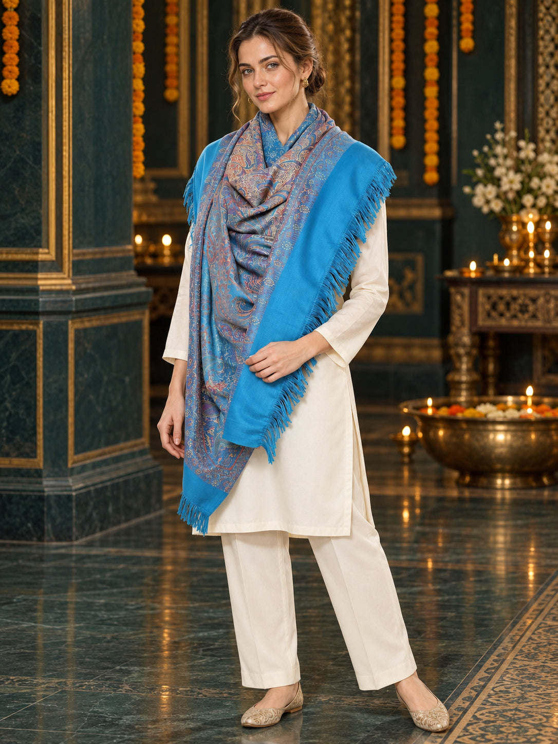 Sky Blue paisley woven shawl styled on a model in a luxurious festive palace setting — standing showcase