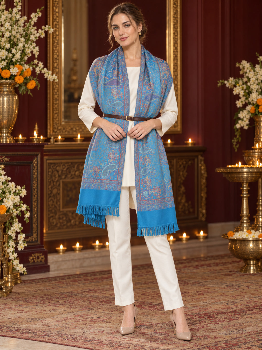 Sky Blue paisley woven shawl styled on a model in a luxurious festive palace setting — belted wrap