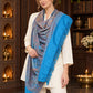 Sky Blue paisley woven shawl styled on a model in a luxurious festive palace setting — single-shoulder styling